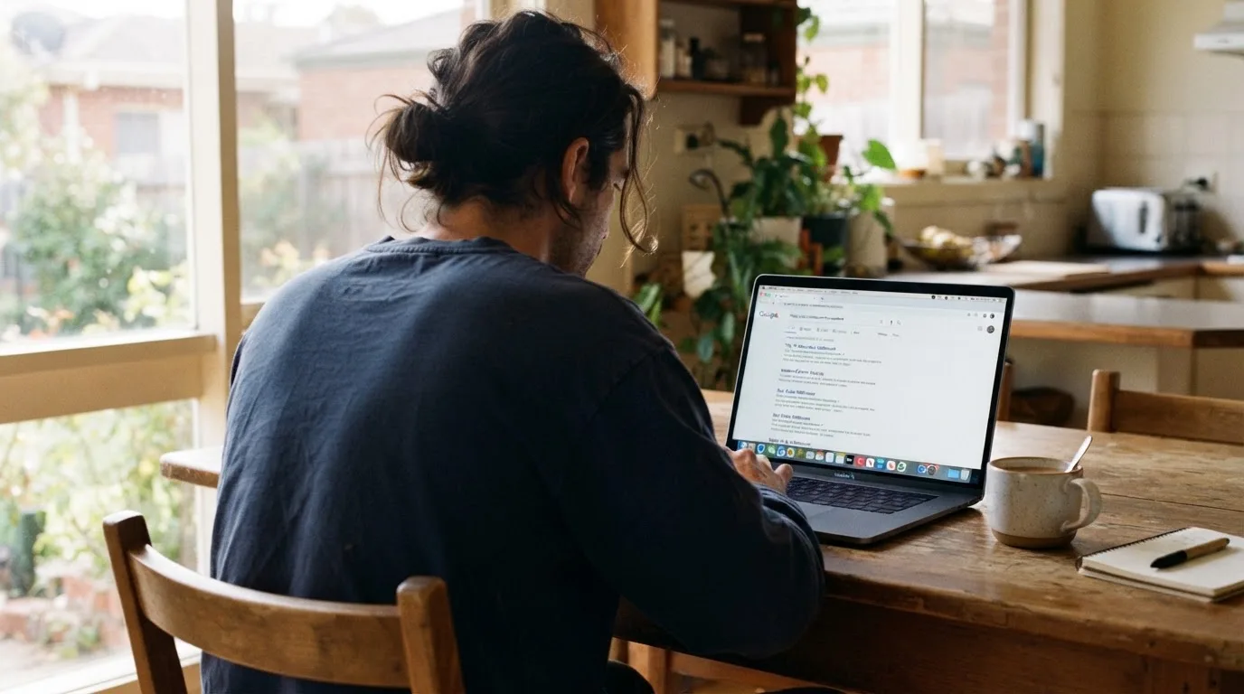 A person sits at a kitchen table, scrolling a laptop showing a general search results page about nearby venues.