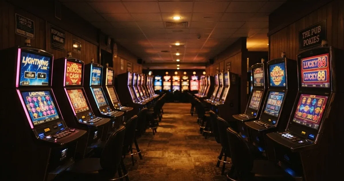 The interior of an Australian pub gaming room with rows of poker machines under dim lighting, no patrons visible.