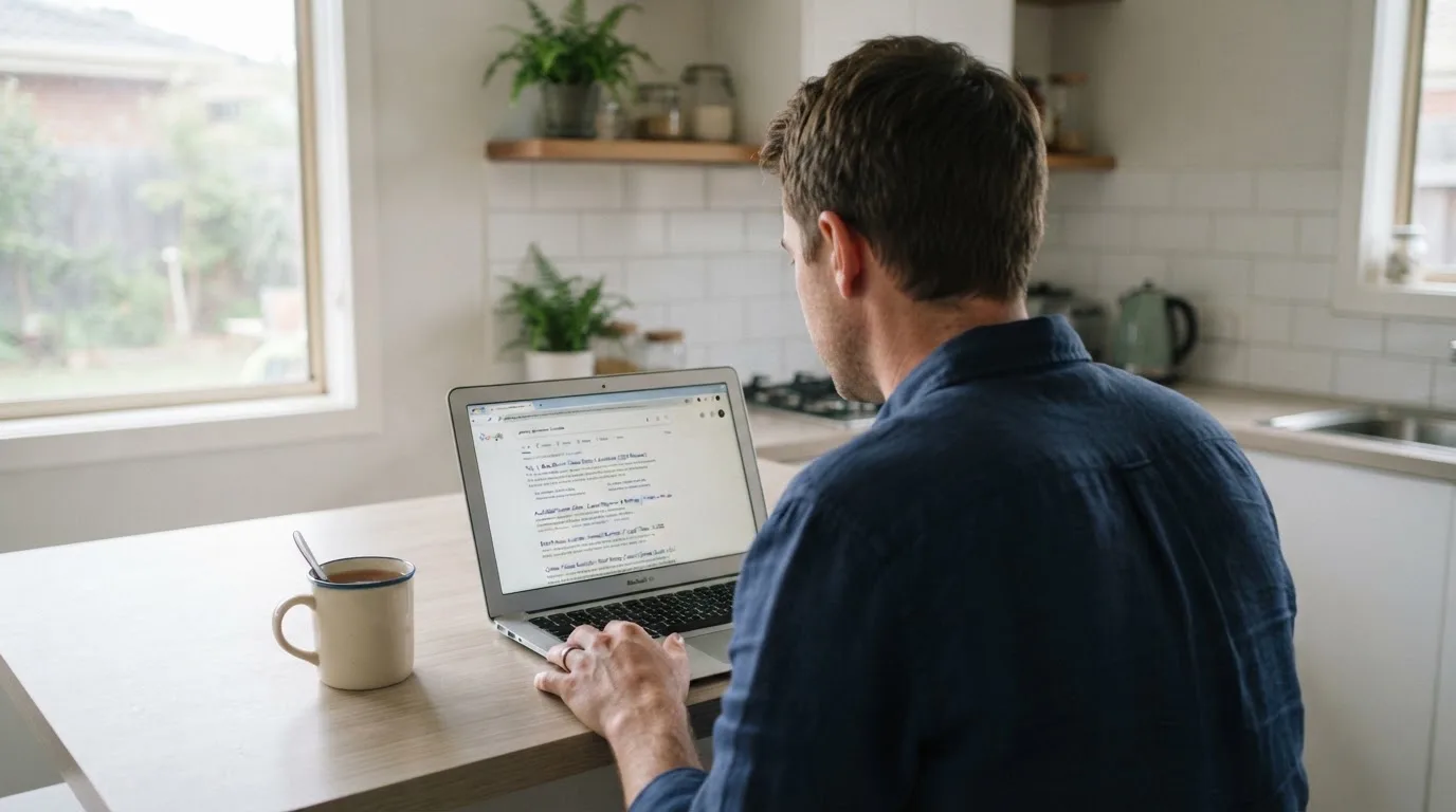 A person sits at a kitchen table, scrolling a laptop showing a general search results page about a review of a pokies site.