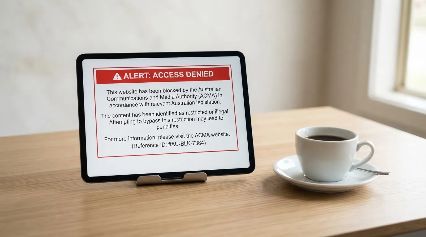 A tablet on a desk displays a plain government-style warning notice page, with a coffee cup beside it.