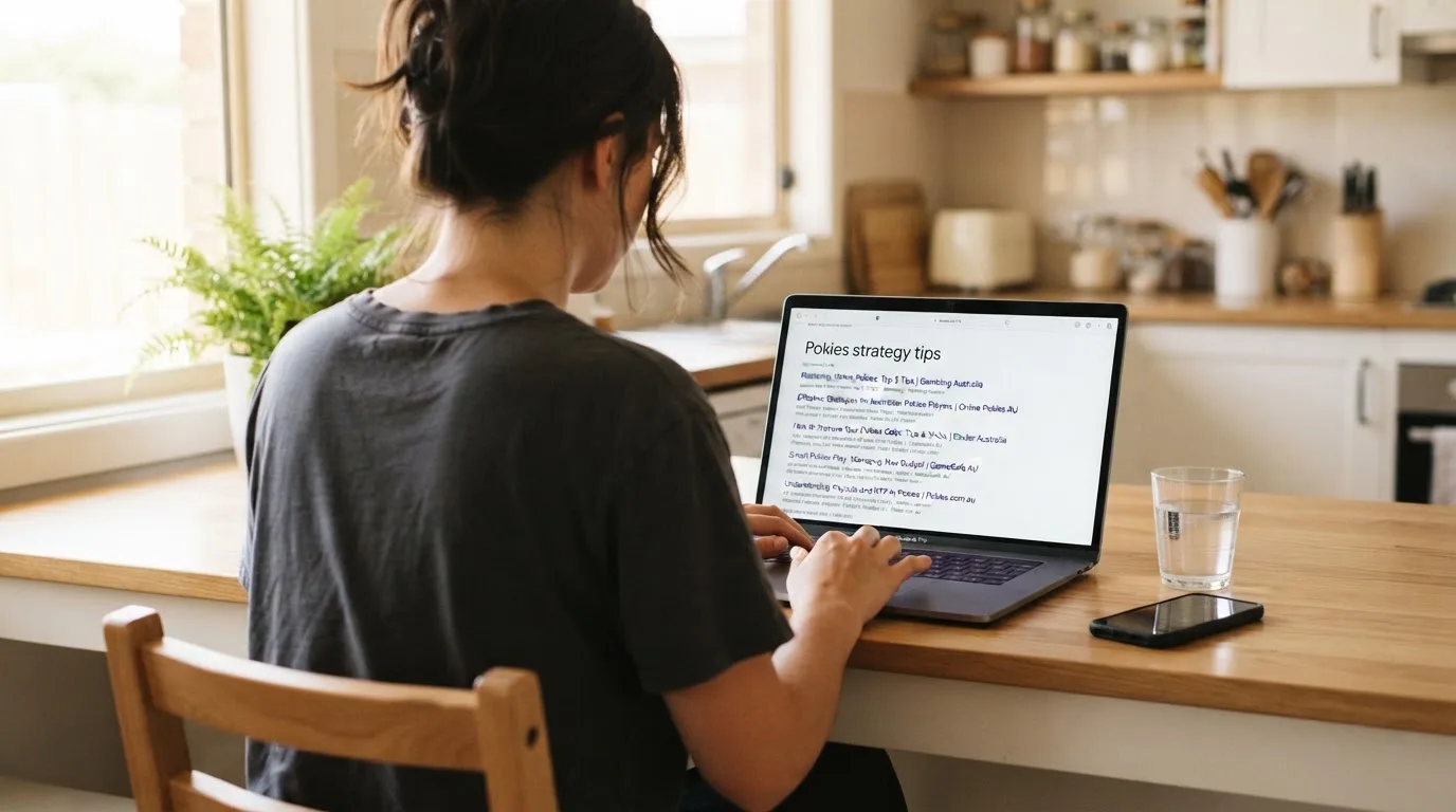 A person sits at a kitchen table, scrolling a laptop showing a general search results page about pokies strategy articles.
