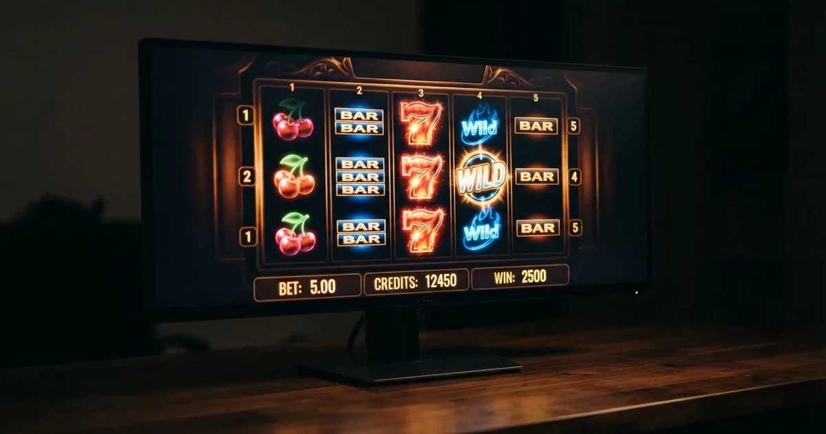 A close-up of a slot reel display shown on a monitor, no other windows open.