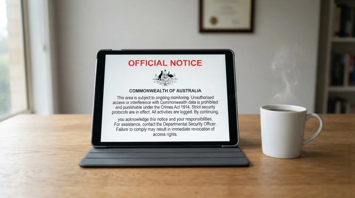 A tablet on a desk displays a plain government-style warning notice page, with a coffee cup beside it.