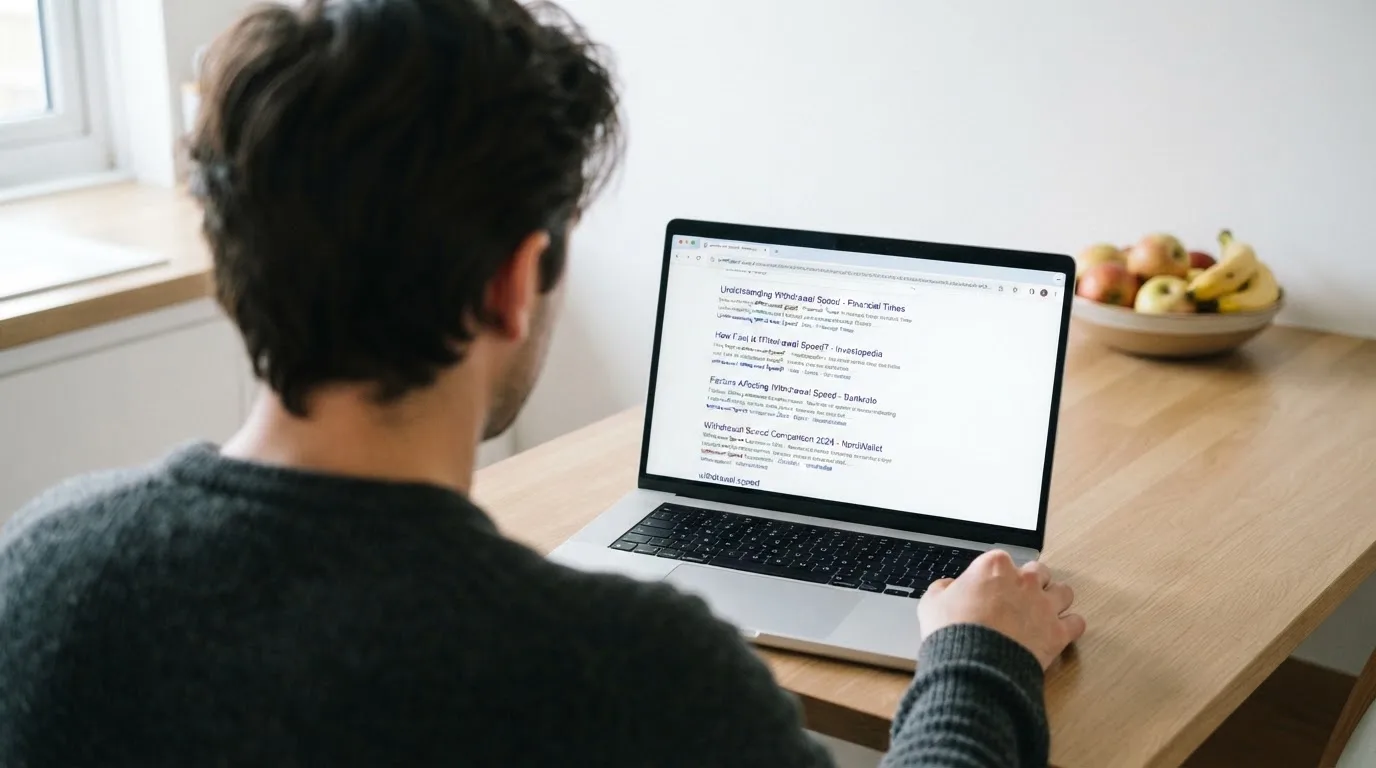 A person sits at a kitchen table, scrolling a laptop showing a general search results page about withdrawal speed claims.