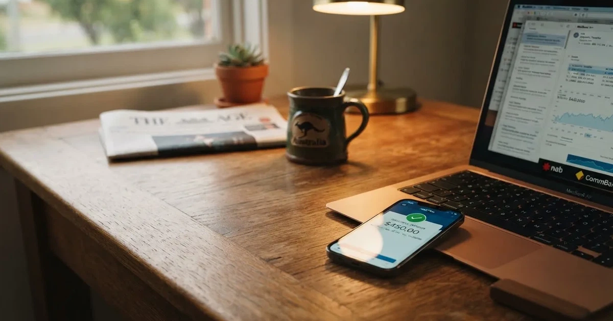 Close-up of a smartphone banking app open beside a laptop on a home desk, mid-transfer.