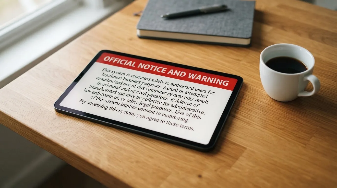 A tablet on a desk displays a plain government-style warning notice page, with a coffee cup beside it.