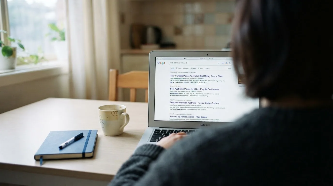 A person sits at a kitchen table, scrolling a laptop showing a general search results page about real-cash pokies claims.