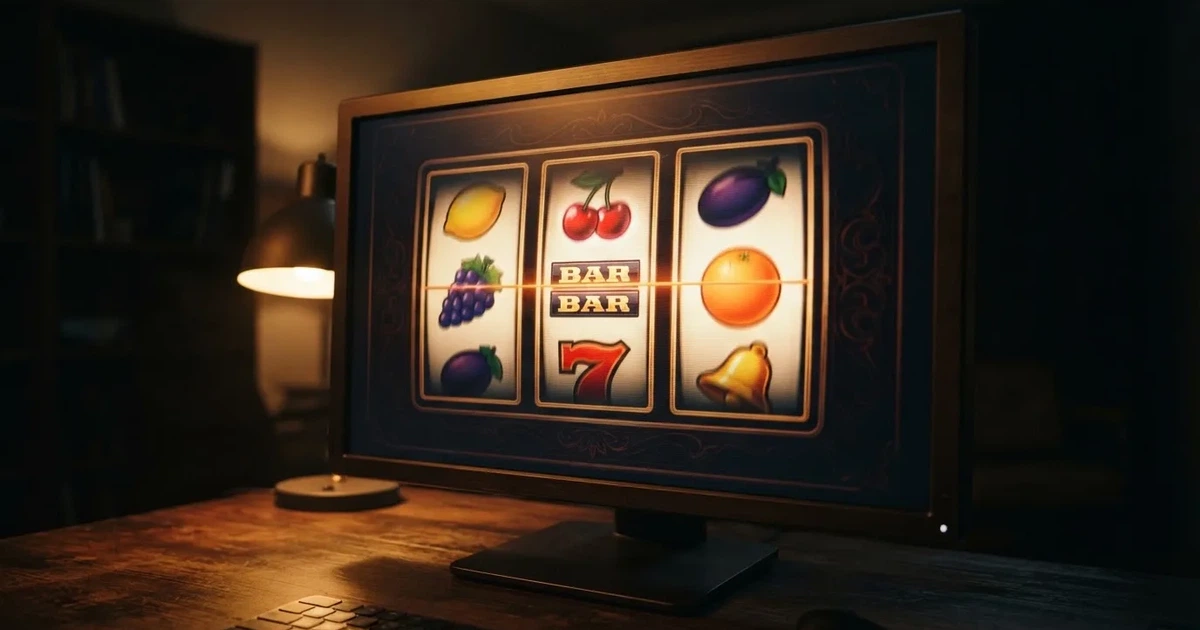 A close-up of a slot reel display shown on a monitor, no other windows open.