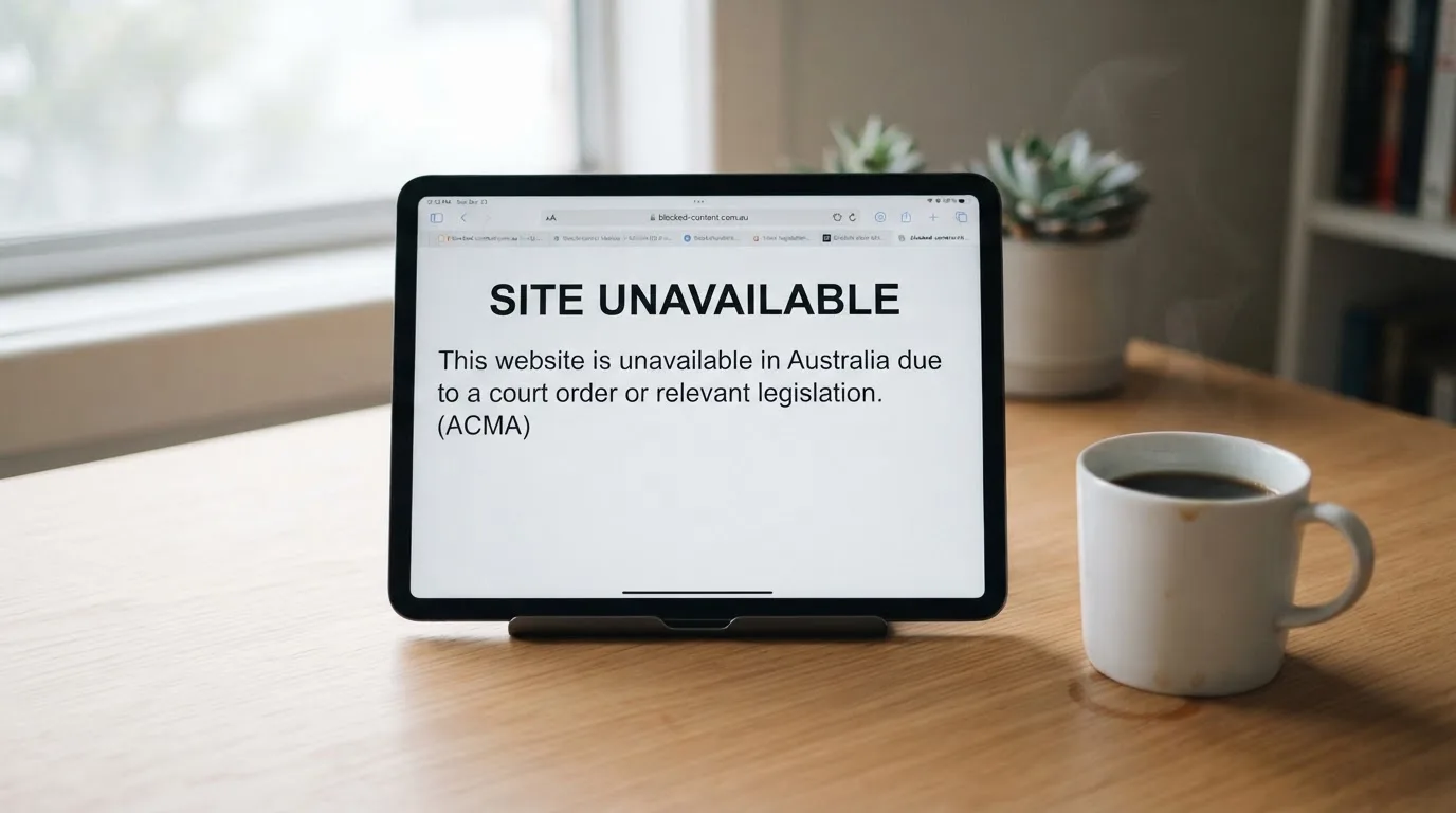 A tablet on a desk displays a plain government-style warning notice page, with a coffee cup beside it.