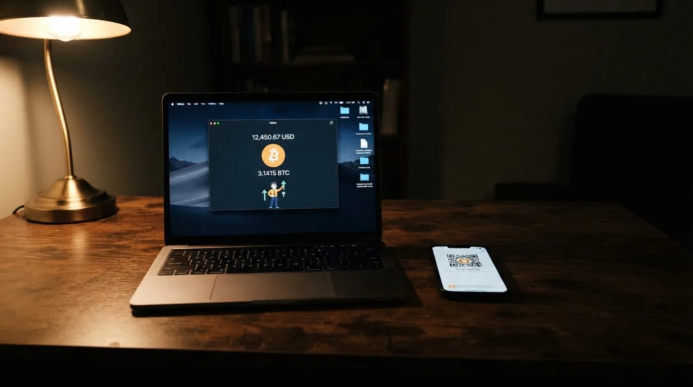 A laptop screen shows a cryptocurrency wallet balance next to a phone displaying a QR code, on a desk at night.