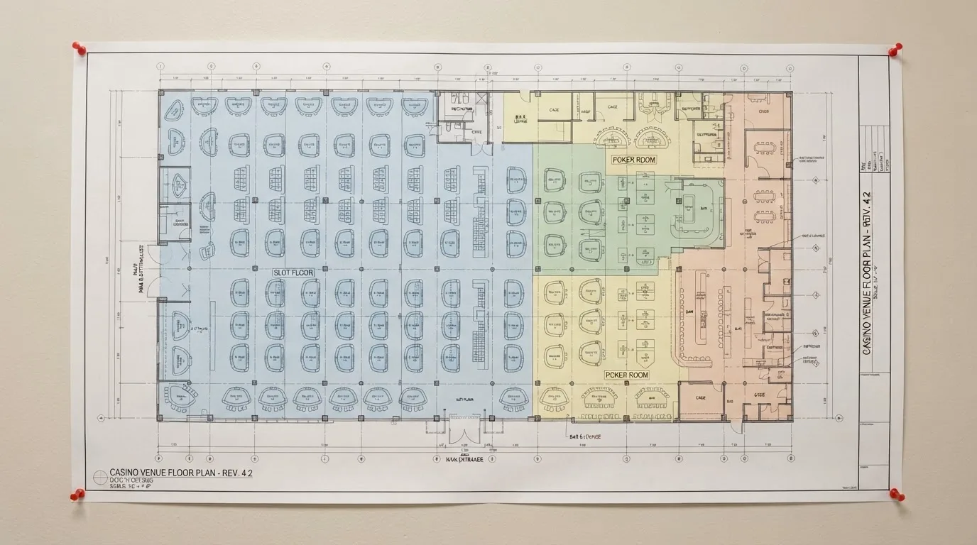A wide shot of a casino floor plan diagram pinned to a wall, showing several different table game layouts.