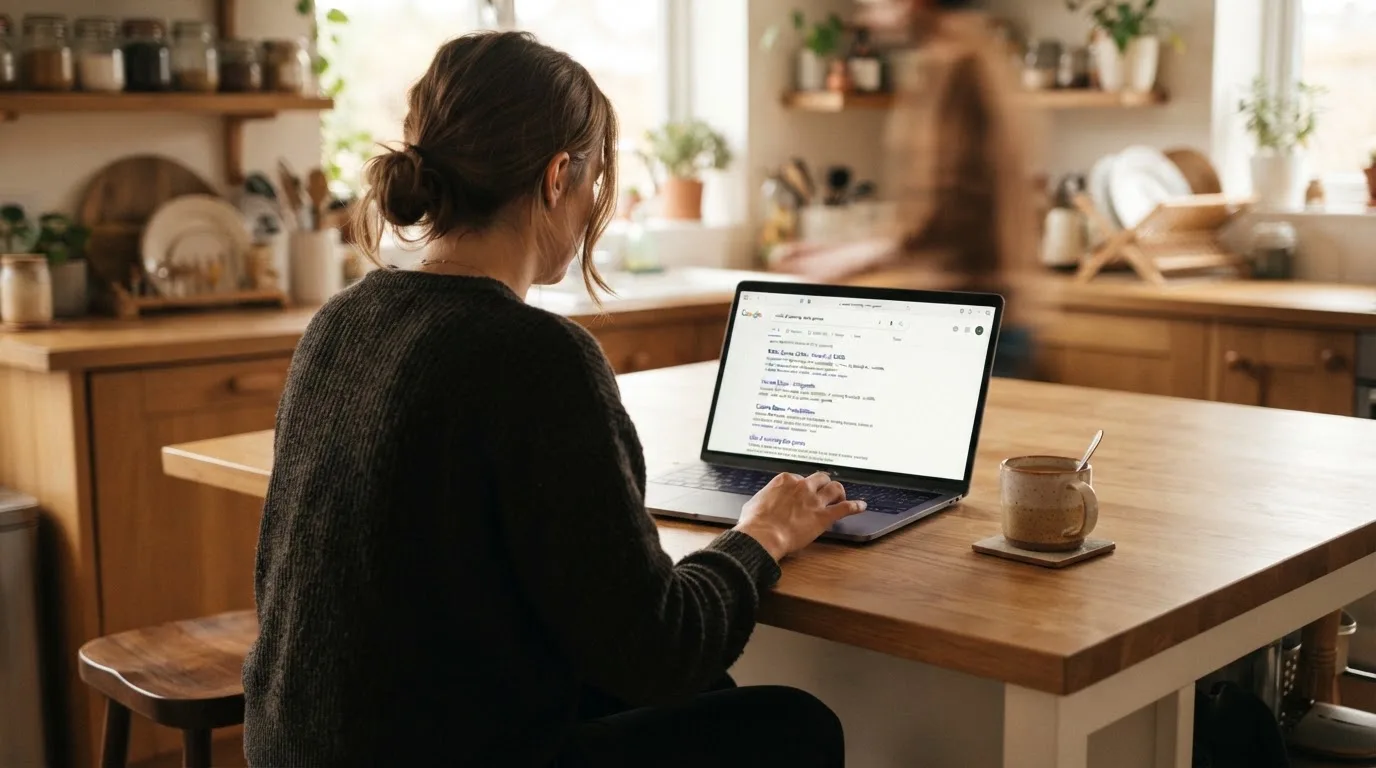 A person sits at a kitchen table, scrolling a laptop showing a general search results page about table game odds.