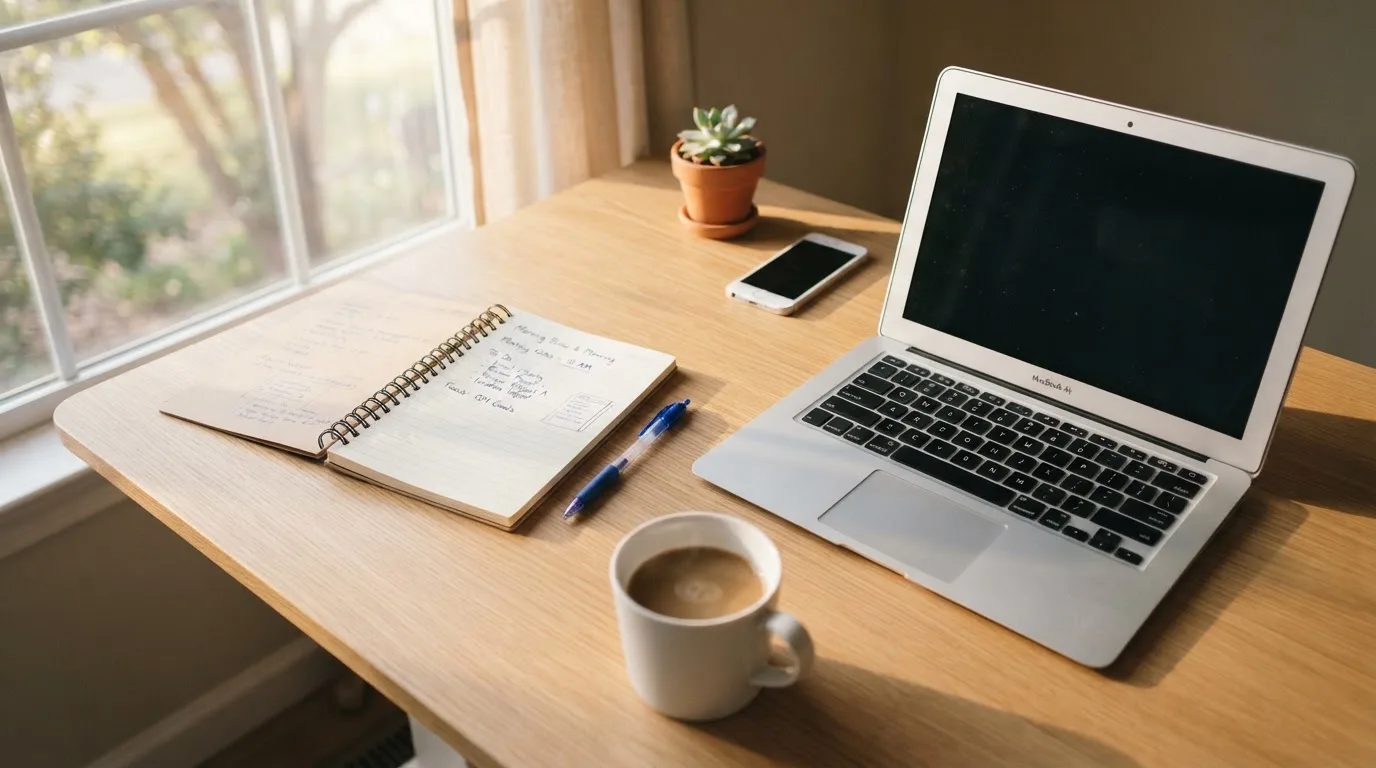 A wide shot of a home office desk with a laptop, notebook and coffee, morning light coming through a window.