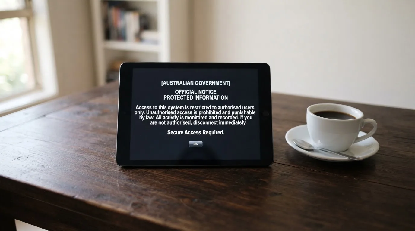 A tablet on a desk displays a plain government-style warning notice page, with a coffee cup beside it.