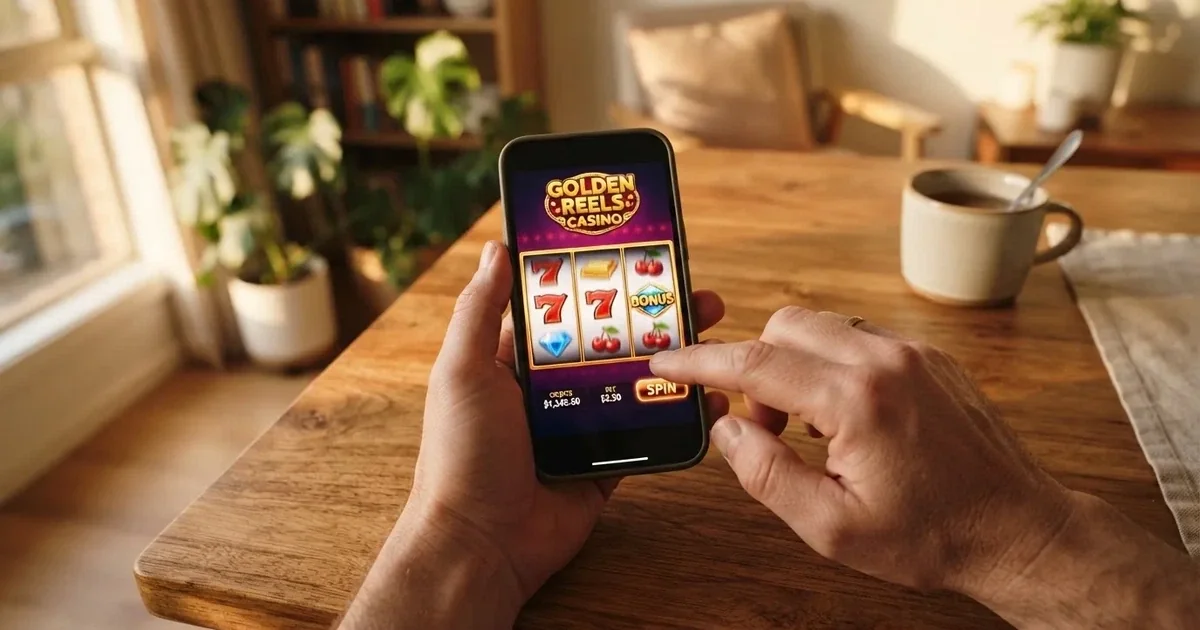 A hand holds a smartphone with an app icon grid visible on the home screen, thumb hovering over the display.