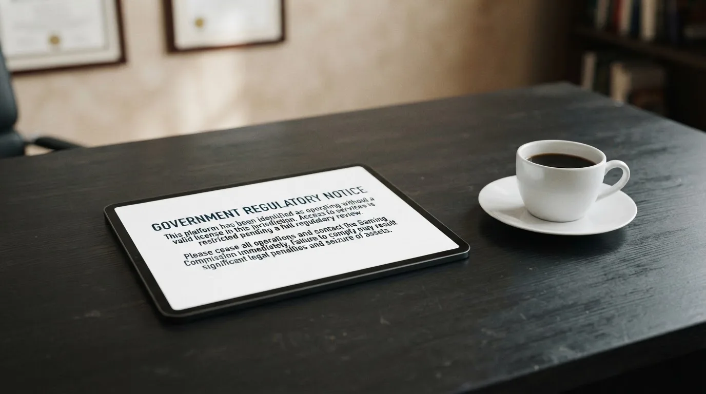 A tablet on a desk displays a plain government-style warning notice page, with a coffee cup beside it.