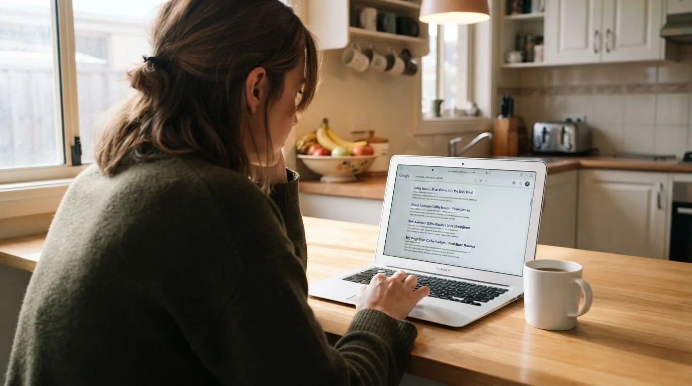 A person sits at a kitchen table, scrolling a laptop showing a general search results page about pokies apps.