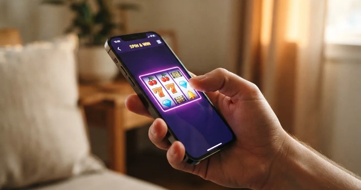 A hand holds a smartphone with an app icon grid visible on the home screen, thumb hovering over the display.