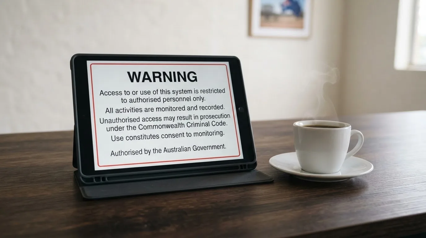 A tablet on a desk displays a plain government-style warning notice page, with a coffee cup beside it.