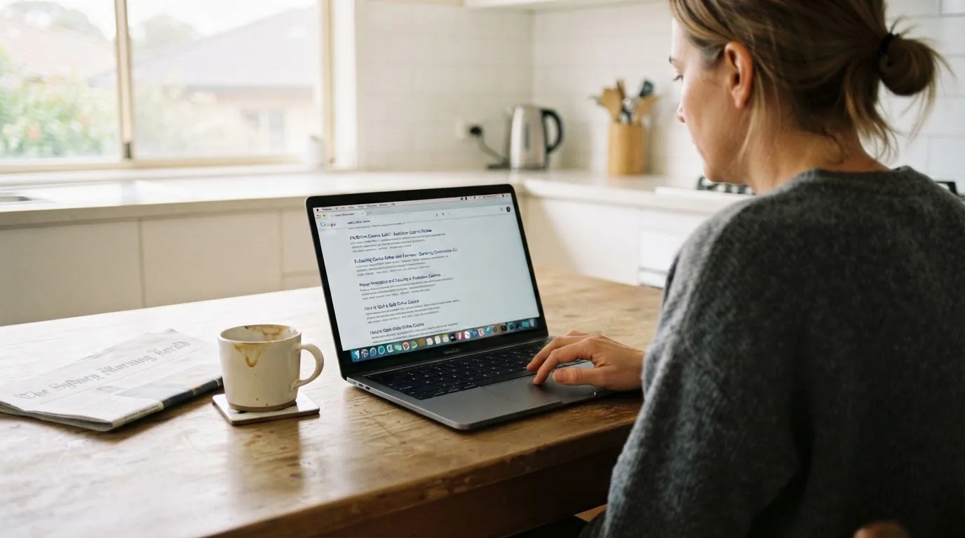 A person sits at a kitchen table, scrolling a laptop showing a general search results page about casino safety claims.