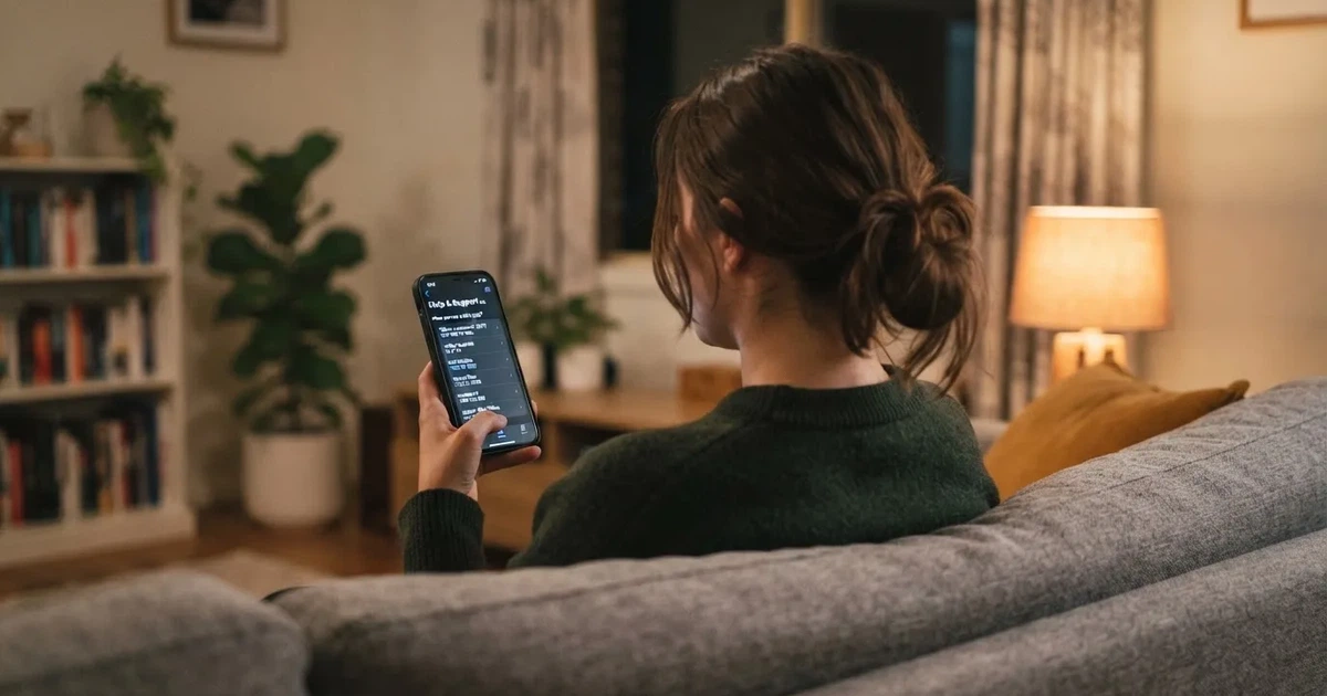 A person looks at a support-helpline page on a phone while sitting alone on a sofa.