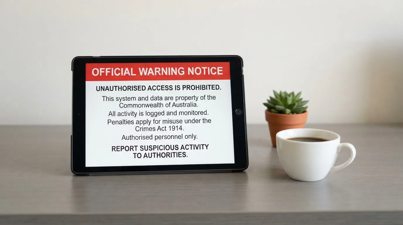 A tablet on a desk displays a plain government-style warning notice page, with a coffee cup beside it.