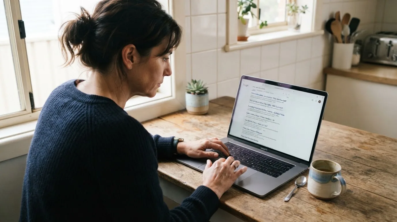 A person sits at a kitchen table, scrolling a laptop showing a general search results page about pokies safety claims.