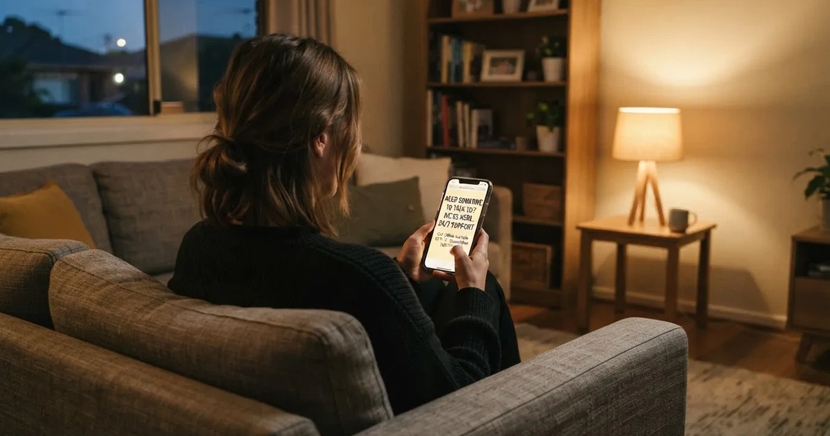 A person looks at a support-helpline page on a phone while sitting alone on a sofa.