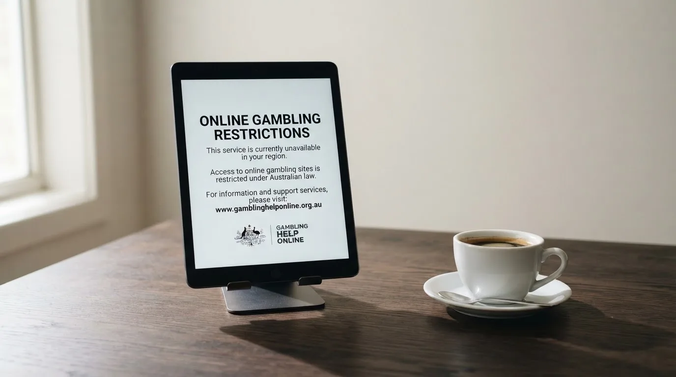 A tablet on a desk displays a plain government-style warning notice page, with a coffee cup beside it.
