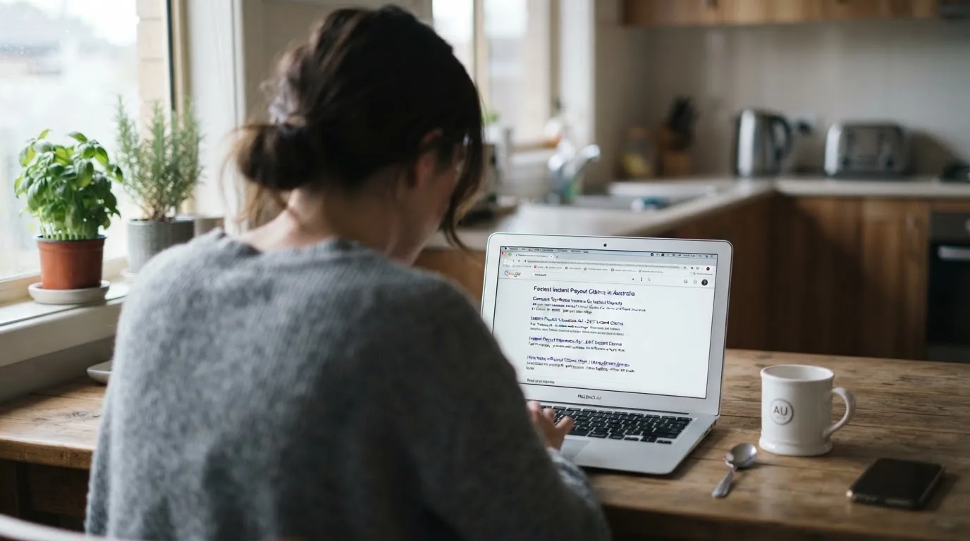 A person sits at a kitchen table, scrolling a laptop showing a general search results page about payout speed claims.