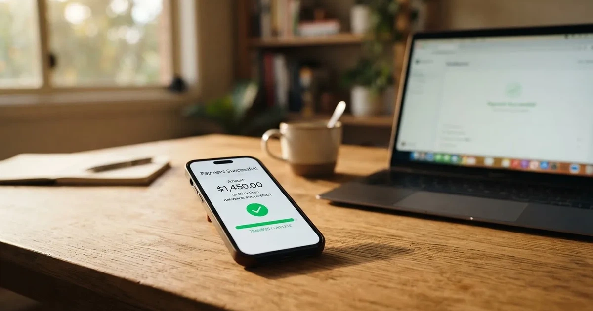 Close-up of a smartphone banking app open beside a laptop on a home desk, mid-transfer.