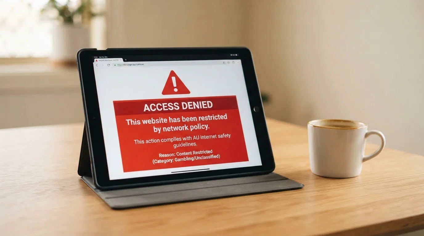 A tablet on a desk displays a plain government-style warning notice page, with a coffee cup beside it.