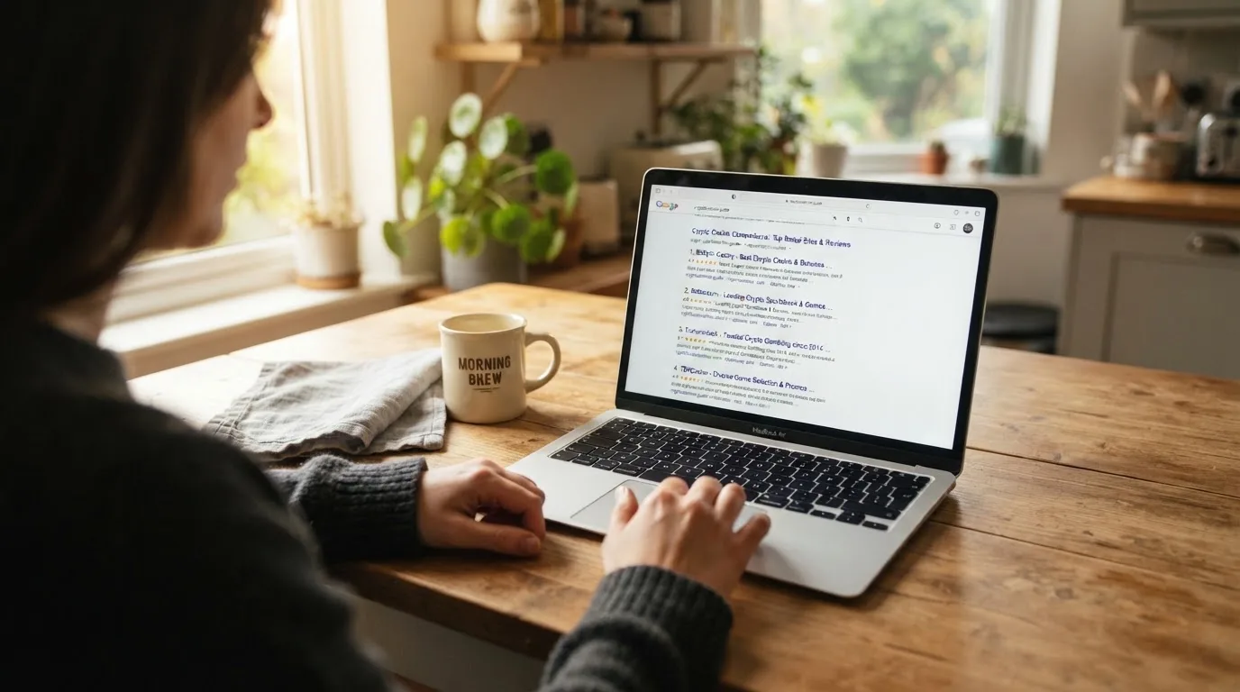 A person sits at a kitchen table, scrolling a laptop showing a general search results page about crypto casino comparisons.