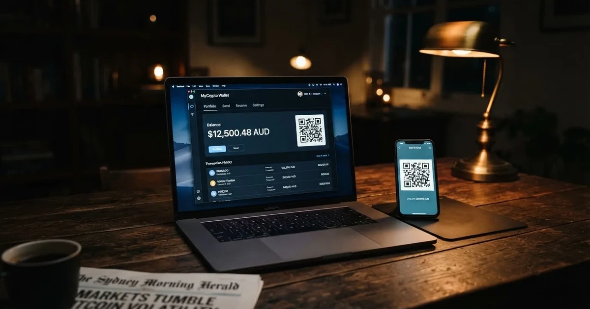 A laptop screen shows a cryptocurrency wallet balance next to a phone displaying a QR code, on a desk at night.