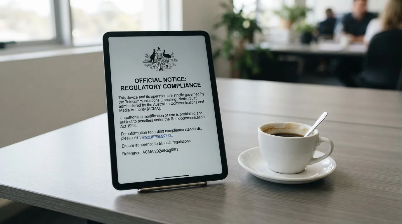 A tablet on a desk displays a plain government-style warning notice page, with a coffee cup beside it.