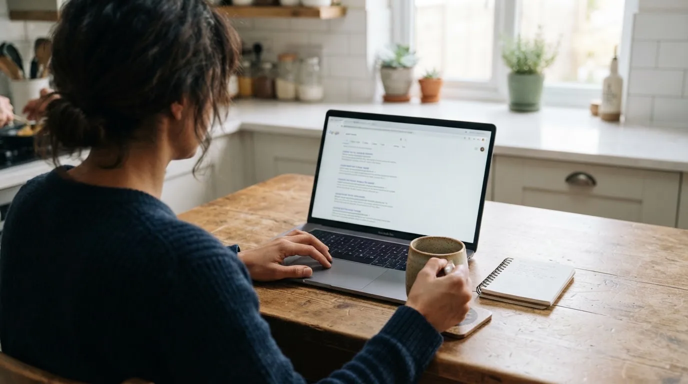 A person sits at a kitchen table, scrolling a laptop showing a general search results page about casino rankings.