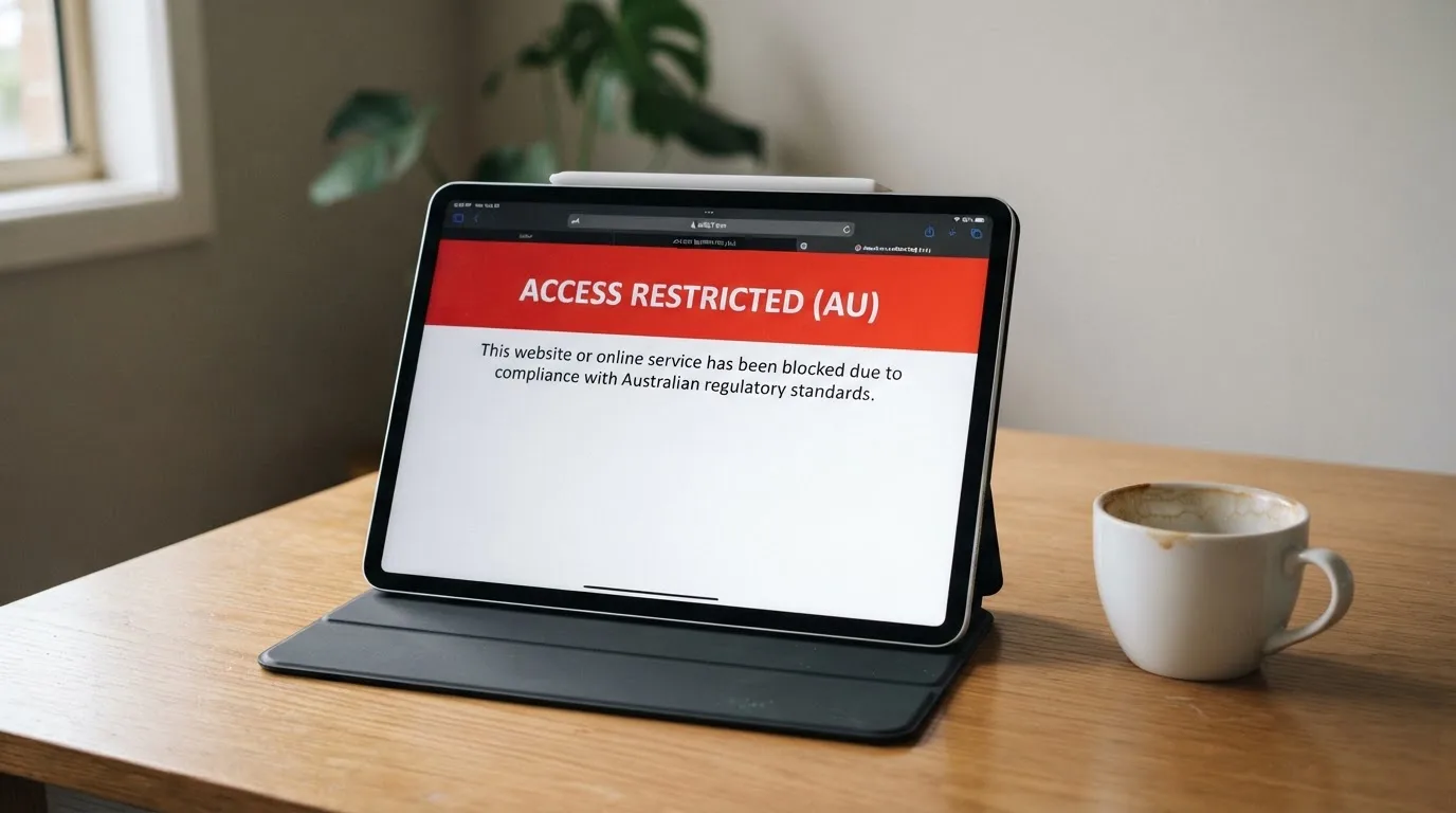 A tablet on a desk displays a plain government-style warning notice page, with a coffee cup beside it.