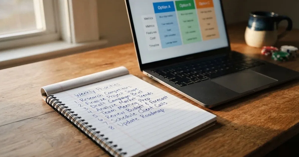 A notepad with a handwritten numbered list sits next to an open laptop showing a comparison table.