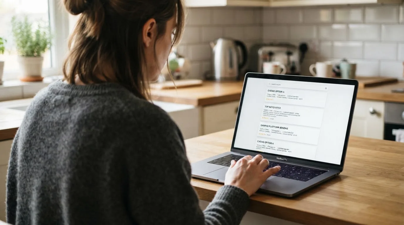 A person sits at a kitchen table, scrolling a laptop showing a general search results page about casino ratings.