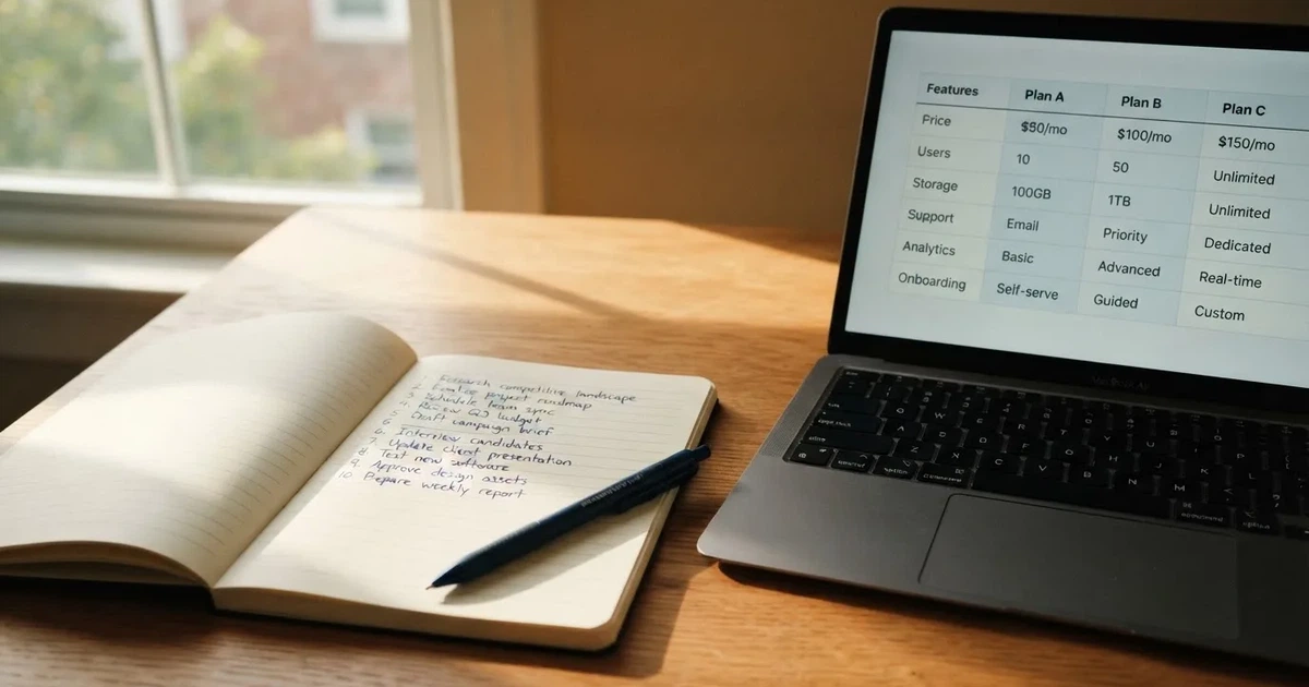 A notepad with a handwritten numbered list sits next to an open laptop showing a comparison table.