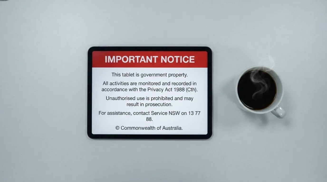 A tablet on a desk displays a plain government-style warning notice page, with a coffee cup beside it.