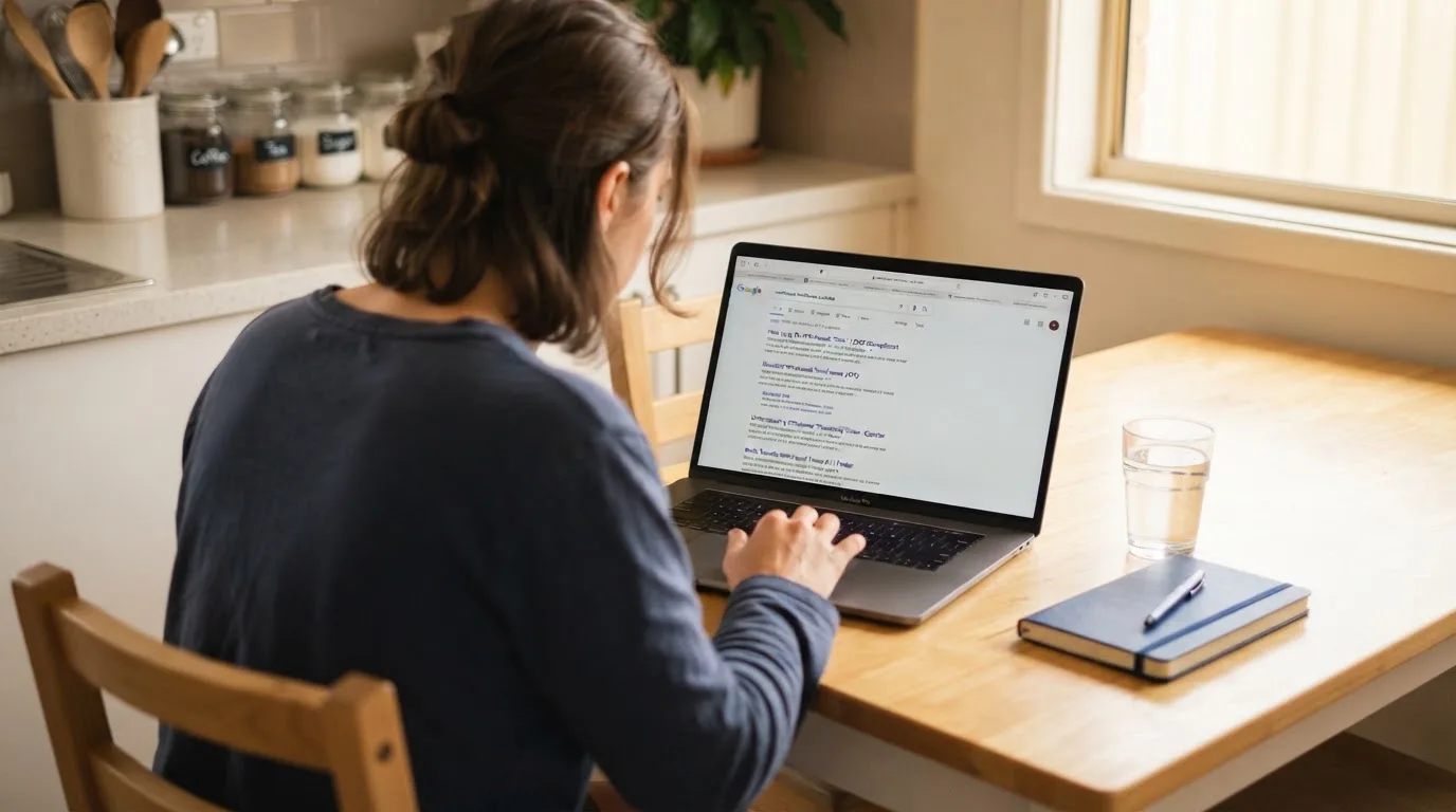 A person sits at a kitchen table, scrolling a laptop showing a general search results page about withdrawal timeframes.