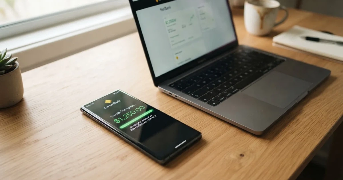 Close-up of a smartphone banking app open beside a laptop on a home desk, mid-transfer.