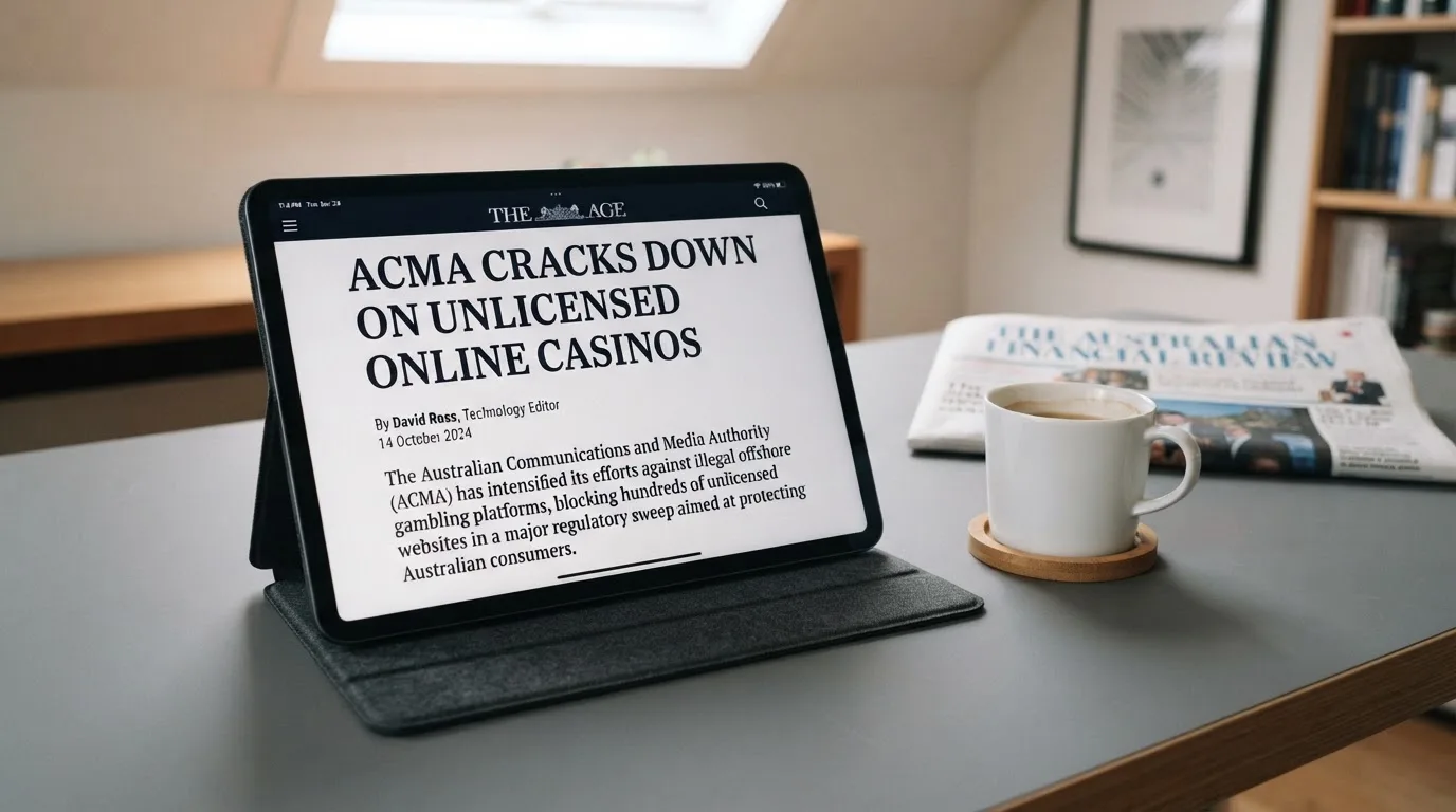 A tablet on a desk displays a plain government-style warning notice page, with a coffee cup beside it.