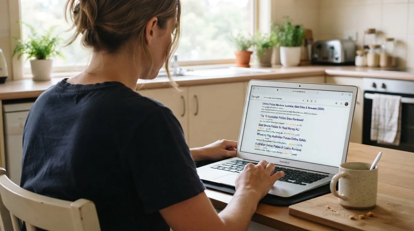 A person sits at a kitchen table, scrolling a laptop showing a general search results page about a review of a pokies site.