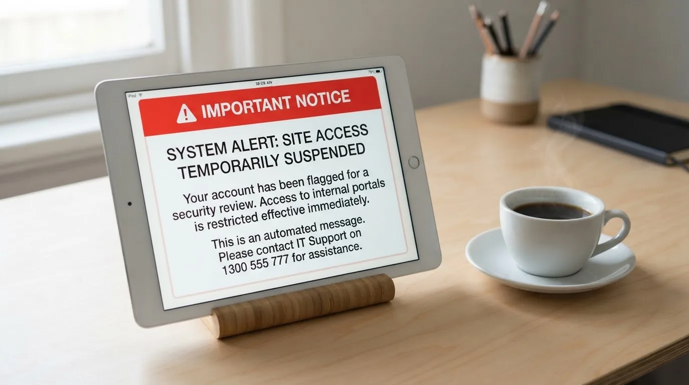 A tablet on a desk displays a plain government-style warning notice page, with a coffee cup beside it.