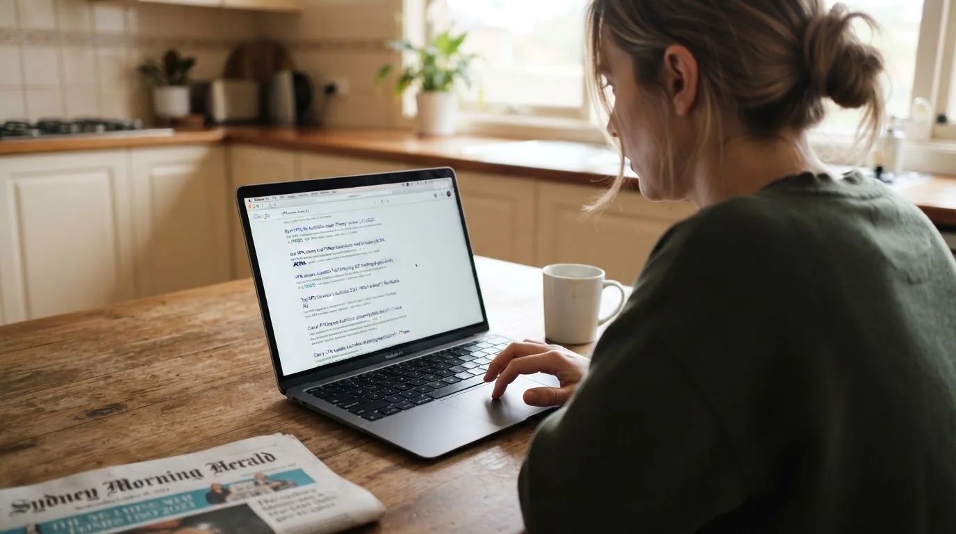 A person sits at a kitchen table, scrolling a laptop showing a general search results page about VPN access claims.