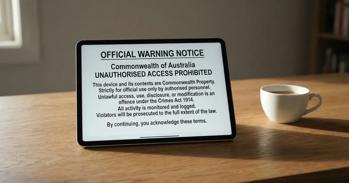 A tablet on a desk displays a plain government-style warning notice page, with a coffee cup beside it.