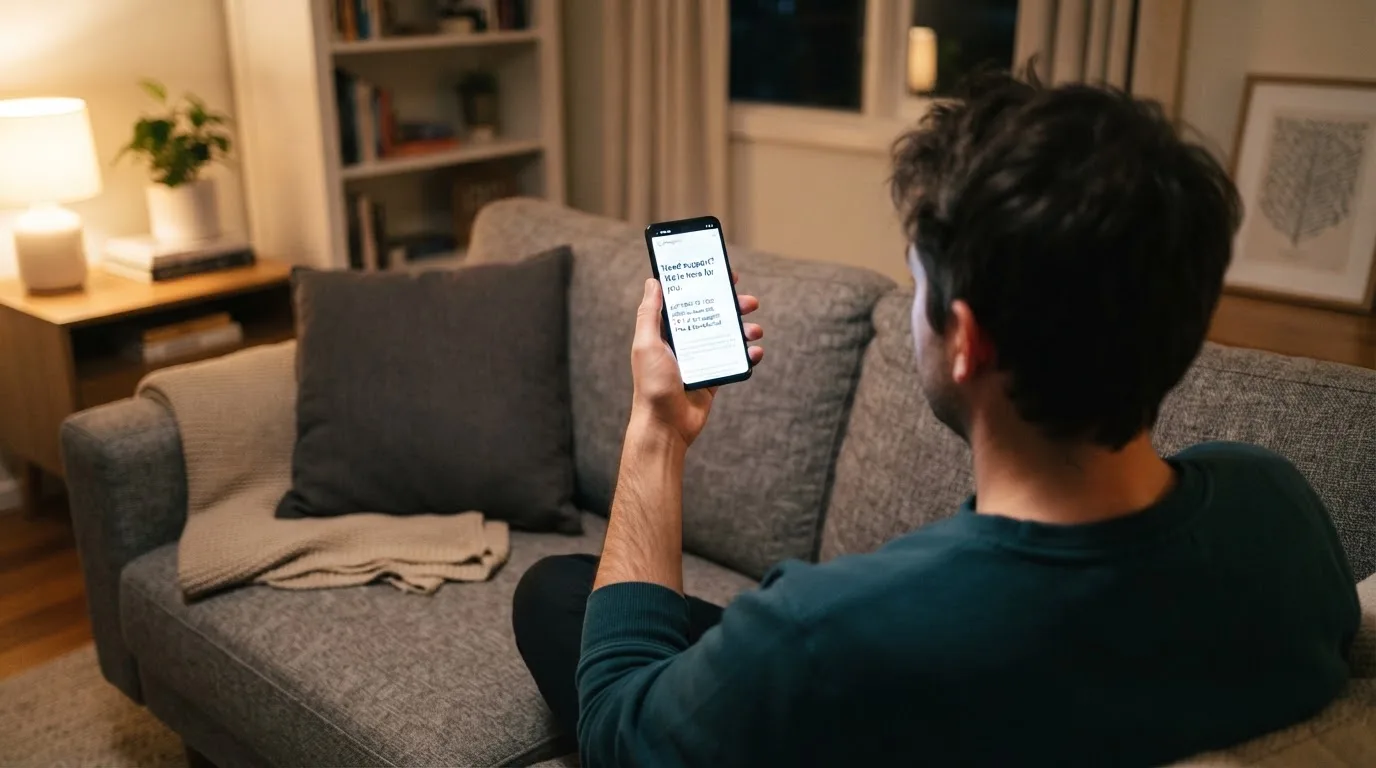 A person looks at a support-helpline page on a phone while sitting alone on a sofa.